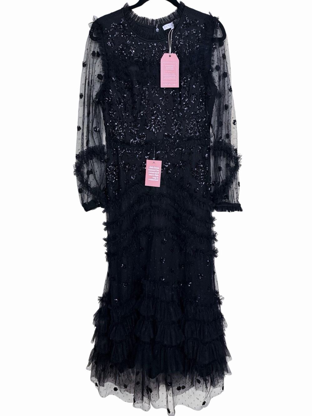 Ivy City Co Claire Dress In Black Sequin Long Sleeve RuffleSize M NWT